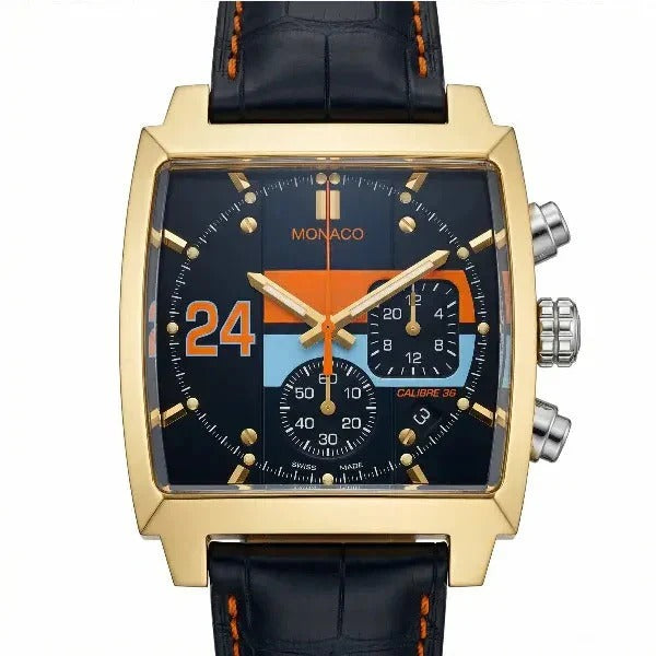Chronara Monaco 42 – Blue Dial | Yellow Gold Case & Black Leather Strap