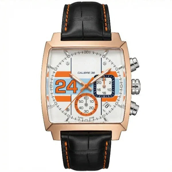 Chronara Monaco 42 – White Dial | Rose Gold Case & Black Leather Strap