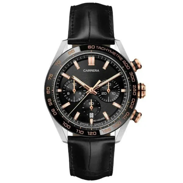 Chronara Racing Pro 42 – Black Dial | Rose Gold Accents & Black Leather Strap